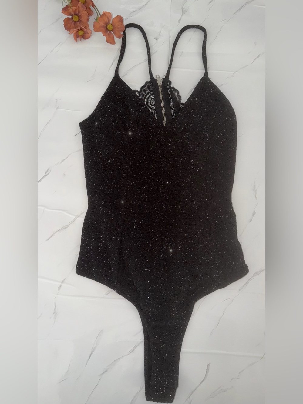 Rue21 Black Glitter Lace-Trim One-Piece Bodysuit